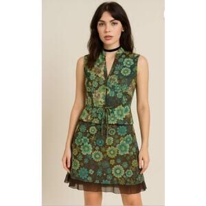 Wrapper Vtg Y2k Preppy Green Metallic Floral Whimsygoth Set Top & Skirt Size XL